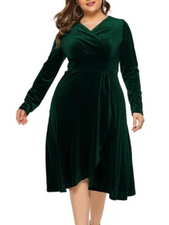 Women's Plus Size Curve Party Dress Velvet Dress Sheath Dress Solid Color Midi Dress Long Sleeve Ruched Patchwork V Neck Fashion Wedding Deep Green Black Spring Fall XL XXL 3XL 4XL 5XL -HANs Plus Size Style Shop hlkfok1693533329264
