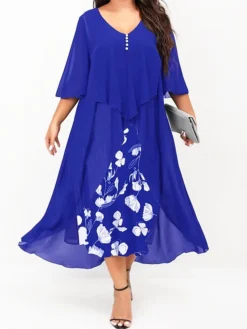 Women's Plus Size Curve Work Dress Floral V Neck Ruched 3/4 Length Sleeve Spring Summer Work Elegant Midi DressLayered Formal Vacation Dress -HANs Plus Size Style Shop hlkunp1677034909837