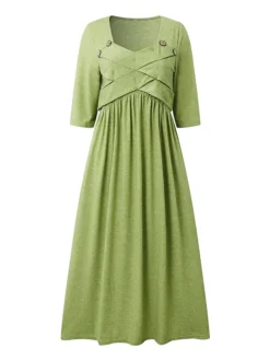 Women's Casual Dress Pleated Dress Plain Dress Plain Ruched Pocket Square Neck Midi Dress Fashion Modern Daily Vacation 3/4 Length Sleeve Regular Fit Pink Purple Green Summer Spring S M L XL XXL -HANs Plus Size Style Shop hllpwc1684216956816
