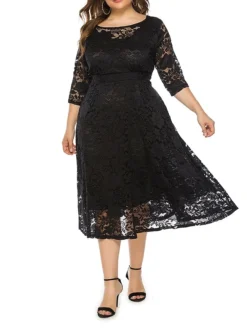 Women's Plus Size Curve Party Dress Lace Dress Semi Formal Dress Solid Color Midi Dress 3/4 Length Sleeve Lace Patchwork Crew Neck Fashion Wedding Light Yellow Black Spring Fall XL XXL 3XL 4XL 5XL -HANs Plus Size Style Shop hmawrq1693533328342