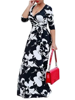 Women‘s Plus Size Curve Holiday Dress Floral V Neck Print Half Sleeve Fall Spring Casual Maxi Long Dress Casual Vacation Dress -HANs Plus Size Style Shop hmbwne1624869217488