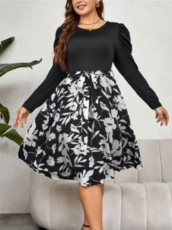 Women's Plus Size Curve Casual Dress Winter Dress Sheath Dress Floral Midi Dress Long Sleeve Ruched Print Crew Neck Fashion Outdoor Black Fall Winter XL XXL 3XL 4XL -HANs Plus Size Style Shop hmejiw1695095532227