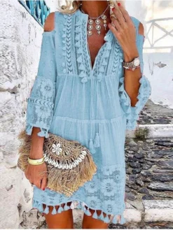 Women's Shift Dress Boho Dress Mini Dress White Yellow Pink 3/4 Length Sleeve Pure Color Tassel Fringe Summer Spring V Neck Vacation Loose Fit 2023 S M L XL XXL 3XL 4XL 5XL -HANs Plus Size Style Shop hmxbfh1657266460121