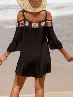 Women's Cover Up Beach Dress Beach Wear Mini Dress Ruffle Backless Ethnic Casual Floral Spaghetti Strap 3/4 Length Sleeve Loose Fit Outdoor Daily Black White 2023 Spring Summer One Size -HANs Plus Size Style Shop hmxugb1672903080482