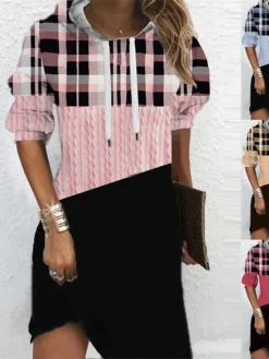 Women‘s Christmas Hoodie Dress Shift Dress Mini Dress Blue Pink Fuchsia Long Sleeve Plaid Print Fall Spring Hooded Daily Vacation Loose Fit 2022 S M L XL XXL 3XL -HANs Plus Size Style Shop hnazzb1668245987287