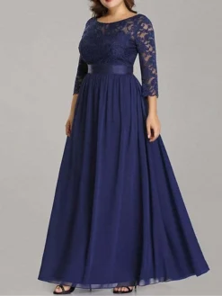 Women's Plus Size Curve Prom Dress Party Dress Lace Dress Long Dress Maxi Dress White Pink Wine 3/4 Length Sleeve Pure Color Lace Spring Fall Winter Crew Neck Fashion Birthday Evening Party -HANs Plus Size Style Shop hngams1692156794718