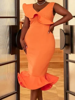 Women's Plus Size Curve Party Dress Bodycon Sheath Dress Plain Midi Dress Sleeveless Ruffle V Neck Fashion Party Orange Spring Fall XL XXL 3XL 4XL -HANs Plus Size Style Shop hnlrgh1694165777243