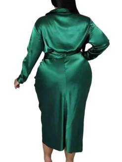 Women‘s Plus Size Curve Flattering Dresses Elegant Apple Shaped Dress Wedding Guest Work Dress Pure Color Shirt Collar Long Sleeve Fall Winter Work Midi Dress Going Out Work Dress Shirt Dress -HANs Plus Size Style Shop hnohfy1663665117366