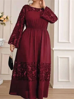Women's Plus Size Prom Dress Party Dress Wedding Guest Dress Long Dress Maxi Dress Wine Long Sleeve Pure Color Ruched Fall Winter Autumn Crew Neck Fashion Winter Dress Wedding Guest Evening Party -HANs Plus Size Style Shop hnzuvs1693207120473