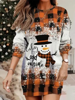 Women's Christmas Casual Dress Sweatshirt Dress Mini Dress Warm Fashion OutdoorVacation Crew Neck Print Geometric Snowman Loose Fit Red Blue Orange S M L XL XXL -HANs Plus Size Style Shop hoajyd1695365436109