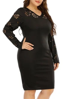 Women‘s Plus Size Curve Work Dress Sheath Dress Black Dress Fashion Midi Dress Cut Out V Neck Long Sleeve Plain Regular Fit Black Fall Winter XL XXL 3XL 4XL -HANs Plus Size Style Shop hodxqr1691401416203