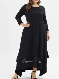Women‘s Plus Size Curve Casual Dress Pure Color Crew Neck 3/4 Length Sleeve Spring Fall Casual Maxi Long Dress Daily Vacation Dress Black Dress -HANs Plus Size Style Shop honsas1666950759879