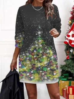Women‘s Christmas Casual Dress Sweatshirt Dress Mini Dress Warm Fashion Outdoor Holiday Crew Neck Print Geometric Snowman Loose Fit Black Yellow Wine S M L XL XXL -HANs Plus Size Style Shop hoqtty1695174053747