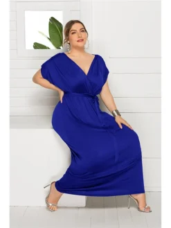 Women's Plus Size Party Dress Solid Color V Neck Short Sleeve Summer Spring Elegant Casual Prom Dress Maxi Long Dress Party Daily Dress -HANs Plus Size Style Shop hoxwrm1597046647489