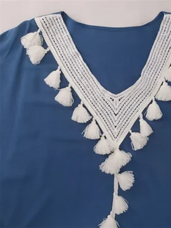 Women's Long Dress Maxi Dress Casual Dress Swing Dress Kaftan Dress Print Fashion Streetwear Outdoor Daily Vacation Tassel Fringe Patchwork Short Sleeve V Neck Dress Loose Fit Black White Light Purple -HANs Plus Size Style Shop hphvtk1676277805902