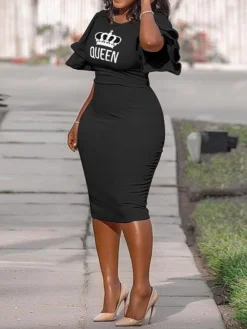 Women‘s Plus Size Curve Work Dress Bodycon Sheath Dress Solid Color Midi Dress Short Sleeve Ruffle Crew Neck Fashion Office Black White Summer Spring XL XXL 3XL 4XL 5XL -HANs Plus Size Style Shop hprwnv1677650841542
