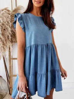 Women's Denim Dress Swing Dress Mini Dress Denim Fashion Casual Outdoor Daily Crew Neck Ruched Smocked Short Sleeve Summer Spring Fall 2023 Loose Fit Blue Plain S M L XL -HANs Plus Size Style Shop hqafon1677234933248