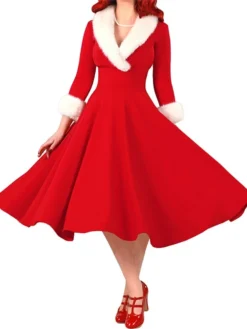 Women's Christmas Swing Dress Vintage Dress Midi Dress Red White Long Sleeve Pure Color Patchwork Winter Fall V Neck Vintage Stylish Elegant Fall Dress 2022 S M L XL XXL / Winter Dress -HANs Plus Size Style Shop hqcdrc1666343930029