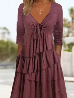 Women's Casual Dress Summer Dress Loose Dress Plain Ruched Twist V Neck Midi Dress Fashion Basic Outdoor Daily Long Sleeve Loose Fit Light Green Pink Wine Summer Spring S M L XL XXL -HANs Plus Size Style Shop hqflgy1675160314734