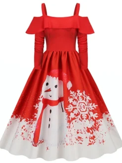 Women's Christmas Swing Dress Slip Dress Vintage Dress Midi Dress Black Wine Light Red Long Sleeve Santa Claus Cold Shoulder Winter Fall Autumn Spaghetti Strap Modern Vacation 2022 S M L XL XXL 3XL -HANs Plus Size Style Shop hqlxbx1667793480717