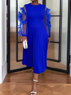 Women's Plus Size Curve Party Dress Formal Dress A Line Dress Plain Midi Dress Long Sleeve Pleated Ruffle Crew Neck Fashion Party Blue Fall Winter XL XXL 3XL 4XL -HANs Plus Size Style Shop hqxylb1694425977950