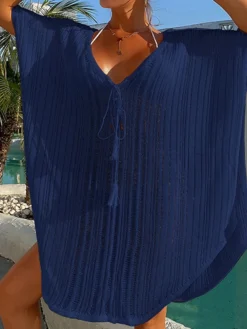Women's Swimwear Cover Up Beach Dress Normal Swimsuit UV Protection Modest Swimwear Lace Up Knit Pure Color Black Dusty Blue Beige V Wire Bathing Suits New Vacationy / Modern -HANs Plus Size Style Shop hqycdm1641960059580