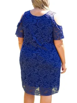 Women's Plus Size Curve Casual Dress Lace Dress A Line Dress Plain Mini Dress Short Sleeve Lace Patchwork V Neck Fashion Outdoor ArmyGreen Blue Fall Winter XL XXL 3XL 4XL -HANs Plus Size Style Shop hrclqb1695025632156