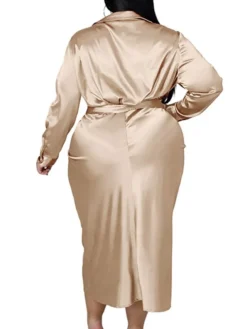 Women‘s Plus Size Curve Flattering Dresses Elegant Apple Shaped Dress Wedding Guest Work Dress Pure Color Shirt Collar Long Sleeve Fall Winter Work Midi Dress Going Out Work Dress Shirt Dress -HANs Plus Size Style Shop hrpkxa1663665115406