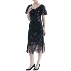 Women's Retro 1920s Fringe Dress Midi Dress Party Halloween Sequins Tassel Fringe Floral V Neck Short Sleeve Regular Fit Spring Fall 2023 Black Red S M L XL -HANs Plus Size Style Shop hrtjmz1692849725014