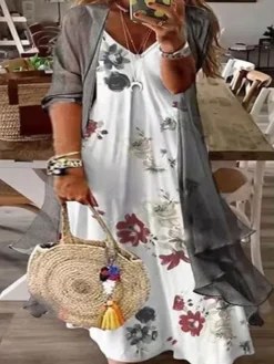Women‘s Plus Size Curve Two Piece Dress Floral V Neck Print Long Sleeve Fall Spring Casual Maxi Long Dress Casual Daily Dress -HANs Plus Size Style Shop hrvdse1696941706696