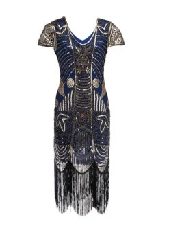 Women's Retro 1920s Fringe Dress Midi Dress Party Holiday Sequins Tassel Fringe Leaf V Neck Short Sleeve Regular Fit Spring Fall 2023 Red Blue S M L XL -HANs Plus Size Style Shop hsakgm1693533782628