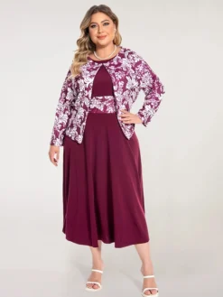 Women‘s Plus Size Curve Dress Set Print Crew Neck Long Sleeve Spring Fall Elegant Maxi Long Dress Formal Party Dress