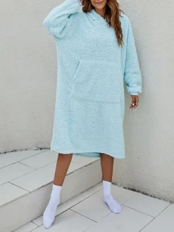 Women's Casual Dress Hoodie Dress Midi Dress Active Fashion Outdoor Home Holiday V Neck Pocket Solid Color Loose Fit Pink Burgundy Royal Blue M -HANs Plus Size Style Shop hsszeh1692588260286