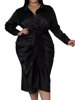 Women‘s Plus Size Curve Flattering Dresses Elegant Apple Shaped Dress Wedding Guest Work Dress Pure Color Shirt Collar Long Sleeve Fall Winter Work Midi Dress Going Out Work Dress Shirt Dress -HANs Plus Size Style Shop htckge1663665119257