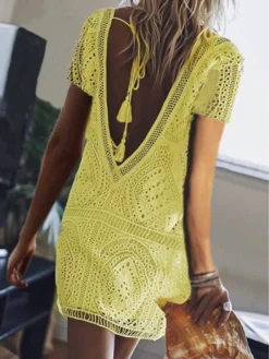 Women's Casual Dress Lace Dress Sundress Plain Lace Backless V Neck Mini Dress Fashion Streetwear Outdoor Street Short Sleeve Regular Fit Black White Red Summer Spring S M L XL XXL -HANs Plus Size Style Shop htedwj1681124140263