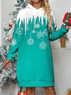 Women's Casual Dress Hoodie Dress Mini Dress Warm Fashion Outdoor Christmas Holiday Hoodie Print Snowflake Loose Fit Red Navy Blue Blue S M L XL XXL -HANs Plus Size Style Shop htexdr1696733286223