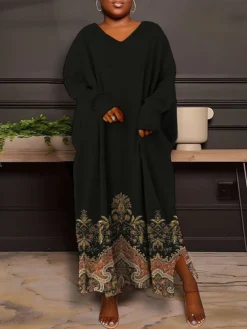 Women's Plus Size Curve Casual Dress Sweatshirt Dress Winter Dress Floral Gradient Long Dress Maxi Dress Long Sleeve Split Print V Neck Fashion Outdoor Black White Fall Winter L XL XXL 3XL 4XL