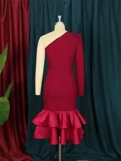 Women's Plus Size Curve Party Dress Bodycon Sheath Dress Plain Midi Dress Long Sleeve Ruffle One Shoulder Fashion Party Wine Fall Winter XL XXL 3XL 4XL -HANs Plus Size Style Shop htpwwu1694425972422