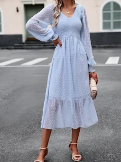 Women's Casual Dress Black Dress Plain Dress Midi Dress Ruched Street Daily Holiday Fashion Streetwear V Neck Long Sleeve 2023 Slim Black Blue Dark Blue Color S M L XL Size -HANs Plus Size Style Shop htvxdt1692685999868