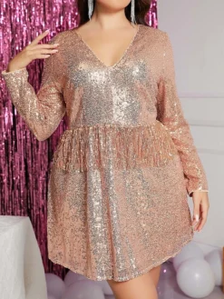 Women's Plus Size Curve Party Dress Sequin Dress Cocktail Dress Solid Color Mini Dress Long Sleeve Ruched Spaghetti Strap Fashion Party Champagne Green Fall Winter XL XXL 3XL 4XL -HANs Plus Size Style Shop htwnev1694489896804