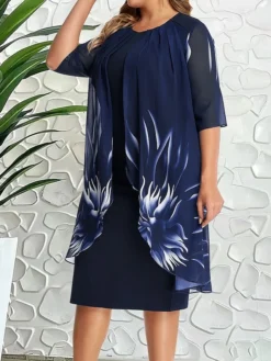 Women‘s Plus Size Curve Casual Dress Graphic Crew Neck Half Sleeve Spring Fall Casual Classic Midi Dress Daily Weekend Dress