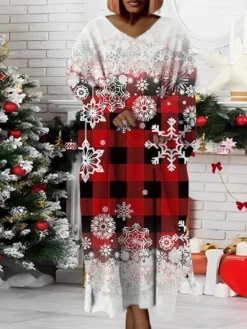Women‘s Plus Size Christmas Dress Santa Claus V Neck Long Sleeve Winter Fall Modern Maxi Long Dress Daily Dress -HANs Plus Size Style Shop huauxc1668158254727