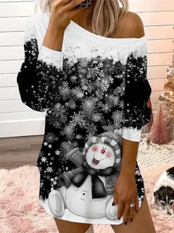 Women's Casual Dress Christmas Dress Sweatshirt Dress Snowman Snowflake Cold Shoulder Print One Shoulder Mini Dress Fashion Streetwear Outdoor Christmas Long Sleeve Loose Fit Black Red Blue Fall -HANs Plus Size Style Shop hueeoy1695111672308