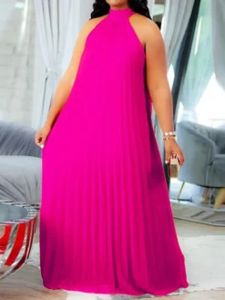 Women's Plus Size Curve Shift Dress Solid Color Halter Neck Ruched Sleeveless Spring Summer Basic Maxi Long Dress Casual Daily Dress -HANs Plus Size Style Shop huhmap1654676763364
