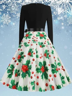 Women's Christmas Swing Dress Vintage DressKnee Length Dress Green Blue Wine Light Red Dark Green Red Long Sleeve Floral Snowman Tree Bow Print Fall Winter V Neck Vintage Fashion Casual 2022 S M L -HANs Plus Size Style Shop huidtj1668077086907