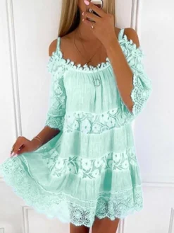 Women's Casual Dress Lace Dress Mini Dress Black Green Light Blue Half Sleeve Pure Color Lace Summer Spring Crew Neck Stylish Vacation Loose Fit 2023 S M L XL XXL 3XL 4XL 5XL