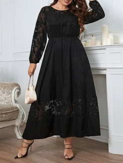 Women's Plus Size Party Dress Wedding Guest Dress Black Dress Long Dress Maxi Dress Black Long Sleeve Flower Lace Spring Fall Winter Crew Neck Fashion Winter Dress Evening Party Wedding Guest 2023 XL