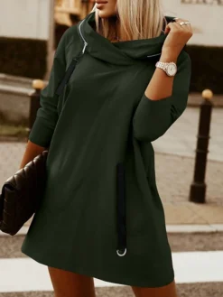 Women‘s Hoodie Dress Winter Dress Black Army Green Red Long Sleeve Pure Color Zipper Pocket Winter Fall Hooded Stylish Modern Mature Fall Dress 2022 S M L XL XXL 3XL 4XL 5XL -HANs Plus Size Style Shop hupotv1664423547228