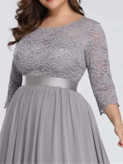 Women's Plus Size Curve Prom Dress Party Dress Lace Dress Long Dress Maxi Dress White Pink Wine 3/4 Length Sleeve Pure Color Lace Spring Fall Winter Crew Neck Fashion Birthday Evening Party -HANs Plus Size Style Shop huuhss1692156790579
