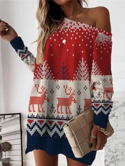 Women‘s Christmas Casual Dress Sweatshirt Dress Mini Dress Warm Fashion Outdoor Holiday Crew Neck Print Animal Snowman Loose Fit White Red Burgundy S M L XL XXL -HANs Plus Size Style Shop huuqnj1694427875886